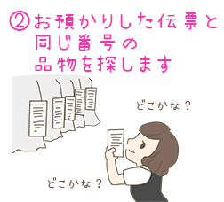 ②お預かりした伝票と同じ番号の品物を探します